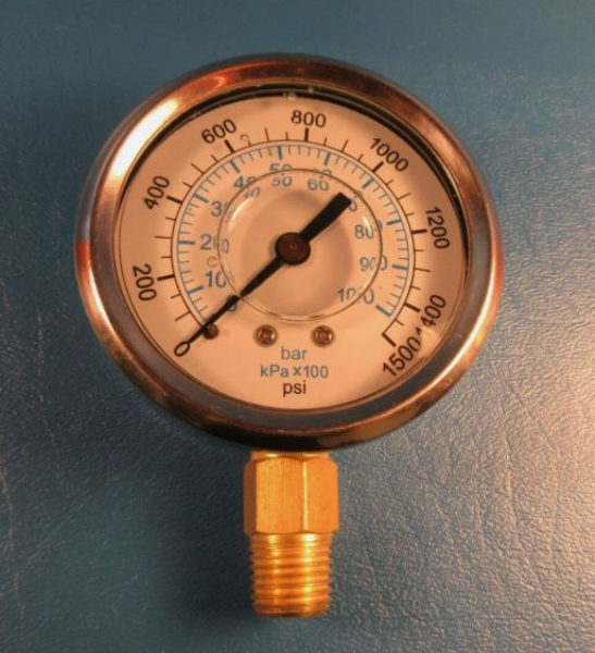 Gauge, Liquid Filled, 2-1/2, 0-1500 psi, 1/4 in. Stem, Bottom, Stainless Steel