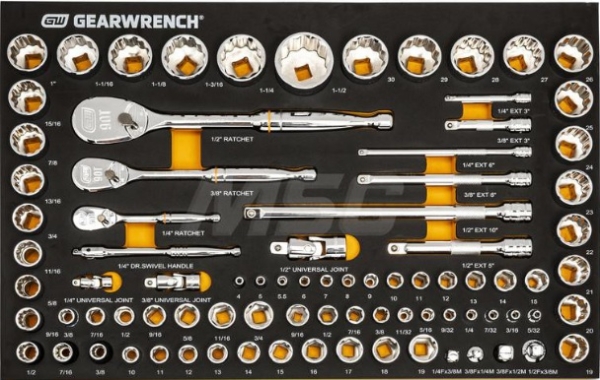 83 Pc. 1/4, 3/8, 1/2 90 tooth SAE/Metric Mechanics socket set with EVA foam tray